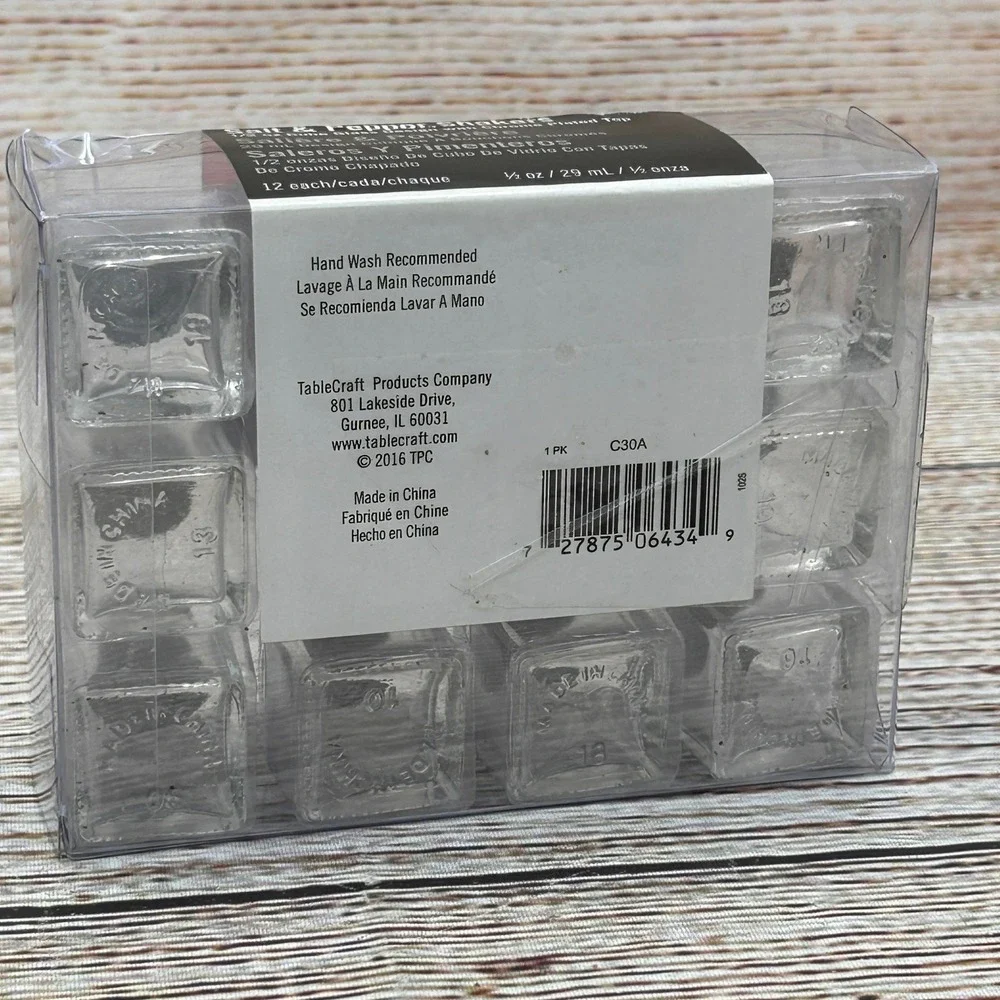 TableCraft 12 Pack 1/2 oz Cube Glass Salt and Pepper Shakers Chrome Top C30A NIB